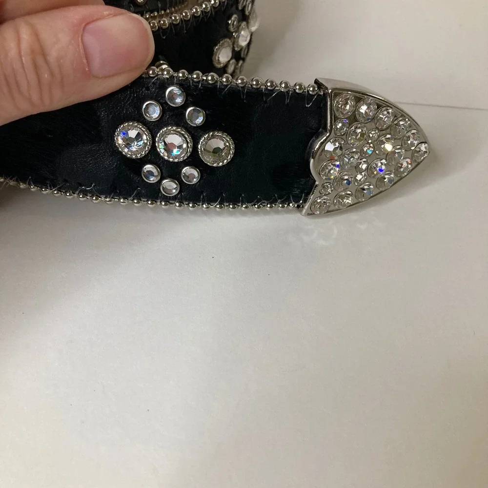 Vintage 1849 Authentic Ranchwear Rhinestone Cross Calfhair Belt 34-L Black 1.5